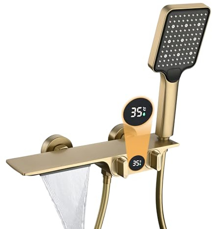 QREZAA Badkarsarmatur med handdusch borstat guld vattenfall badkarskran med temperaturdisplay, mässing blandarkran badkar, 3 funktioner handdusch, 150 cm PVC duschslang