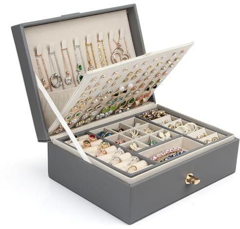 Chelory Jewellery Box Organiser for Women Girls, 3 Layer Large Jewellery Storage Case for Rings Earrings Necklace Bracelets Faux Leather Jewelry Gift Box (Grey)