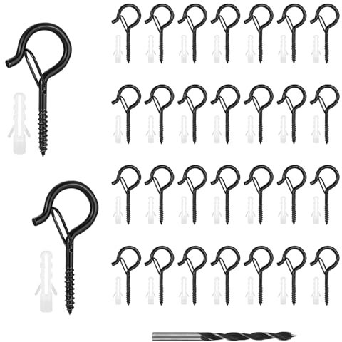 Littlegaofeithing Piton à Visser Noir 30 Pièces Crochet à Visser Charge Lourde avec Boucle de Sécurité Crochet de Plafond Bois avec Foret， pour Suspendre des Paniers à Plantes,des Lanternes,Tasse
