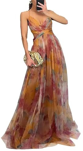 CRITOR Vestido de fiesta de tul con tirantes y cintura hueca para mujer, vestido largo de encaje con cuello en V, floral, vestido de baile formal