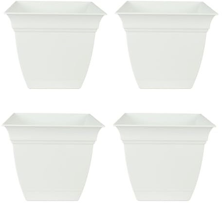 The HC Companies Eclipse Square Plastic Planter w/Attached Saucer - Outdoor & Indoor Plant Pot with Drainage Holes - Lightweight, UV-Resistant Plastic Pots for Plants (8 White, Pack of 4)