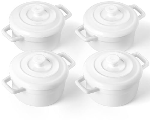 Lareina Mini Cocotte – Keramik-Auflaufformen-Sets mit Griffen und Deckel – kleine Auflaufförmchen – ofen-, mikrowellen- und spülmaschinenfest, 4er-Set, Weiß