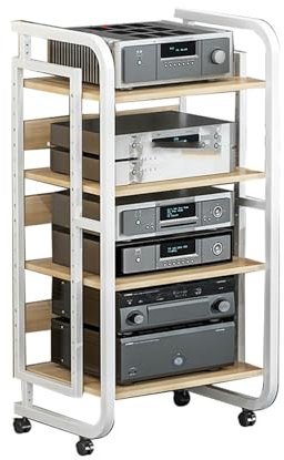 Audio Rack HiFi Regal Rollwagen-Rack for Audiogeräte, Tragbar, Büro, Schlafzimmer, Wohnzimmer, AV-Rack, Mehrstufiges AV-Medienregal, AV-Medienregal Mit Stauraum(White,4Tiers-C)