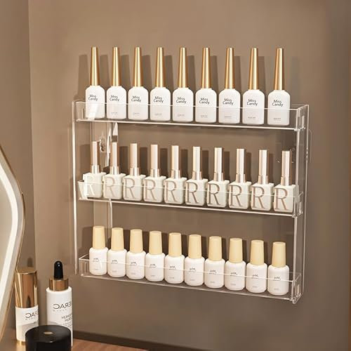 Acrylic Wall-Mounted 3-Tier Transparent Organiser - Nail Polish, Makeup & Eyeglass Display Shelf - Space-Saving Clear Storage Tool-Free Assembly (30cm Width)