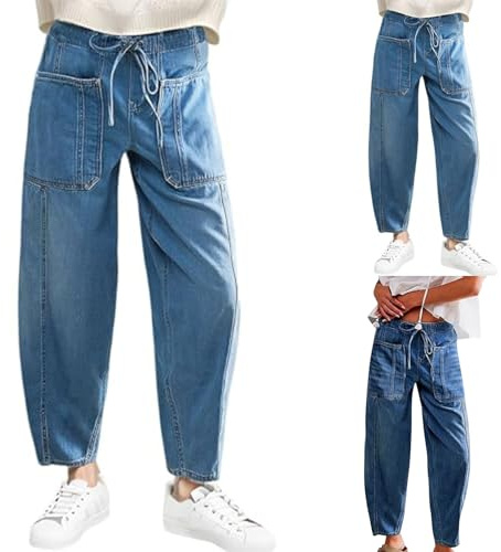 Jeans da donna UK, pantaloni larghi da donna - Pantaloni casual elasticizzati in vita a gamba larga, pantaloni larghi in denim con coulisse e tasche, pantaloni in denim a vita bassa, comodi pantaloni