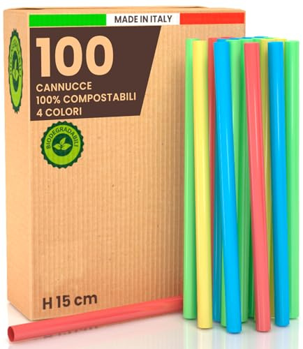 100 Cannucce Colorate Larghe Jumbo per Cocktail 15 cm x 8 mm - Ideali per Feste Eventi Drink e Bevande Made in Italy - Rigide Ecologiche Biodegradabili Compostabili Riutilizzabili