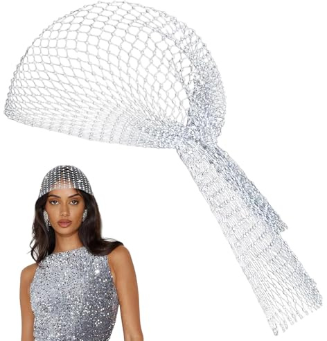 Pañuelo Cabeza Malla Diamantes para Mujer, Tocado Red Elástica con Pedrería Brillante, Gorro Pelo Plata para Fiesta Discoteca y Noche, Accesorios Disfraz Halloween 45-60cm