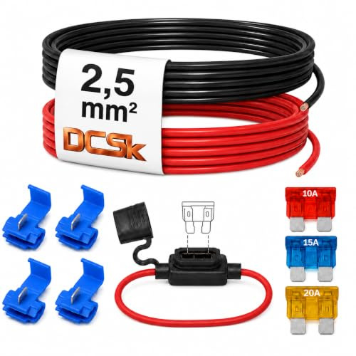 DCSk bilkabel 2,5 mm² 10 m FLRY-B fordonskabel säkringshållare strömtjuv | röd svart set 2,5 mm² – 4 x IDC snabbkontakt, 3 x ATO-bilsäkringar 10A/15A/20A