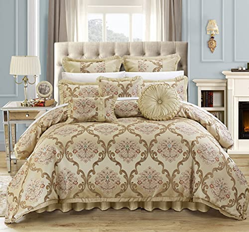 Chic Home Aubrey Queen Size Comforter Set with Bed Skirt, Shams and 3 Decorative Pillows - Jacquard Bed Comforter Queen with Hypoallergenic Fill (Beige)