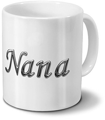 printplanet Tasse mit Namen Nana - Motiv Chrom-Schriftzug - Namenstasse, Kaffeebecher, Mug, Becher, Kaffeetasse - Farbe Weiß