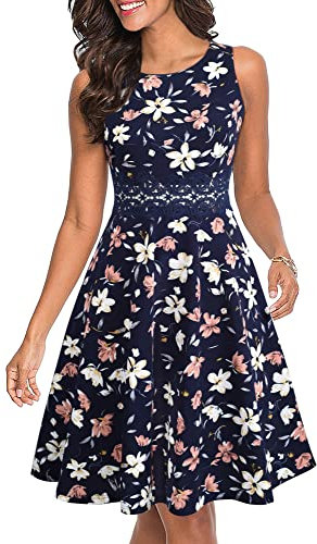 HOMEYEE Damen Vintage Rundhalsausschnitt ärmellosen Blumen Bestickt knielangen Cocktailkleid UKA079 (EU 40 = Size L, Dunkelblau + Floral)