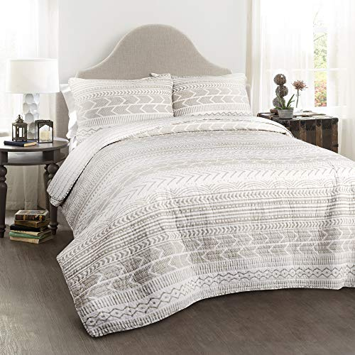 Lush Decor Hygge Geo Pattern Striped 3 Piece Quilt Bedding Set, King, Taupe & White