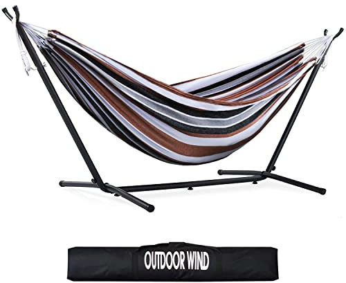 OUTDOOR WIND 550lbs Capacity Double Hammock Adjustable Hammock Bed with 10ft Heavy Duty Steel Stand Includes Portable Carrying Case, Easy Set up