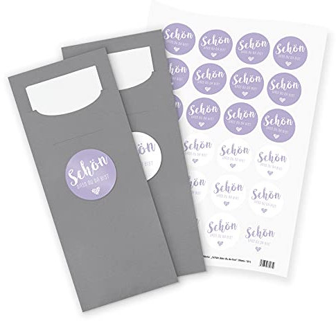 itenga 24x Bestecktaschen GRAU Schön dass du da bist in flieder lila Pochetten inkl. Serviette und Sticker Aufkleber Tischdeko Einweggeschirr
