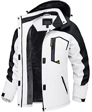 TACVASEN Dame Snowboardjacke Winter Wandern Übergangsjacke Arbeitsjacke Hiking Outdoor Jacken Gefüttert mit Kapuze und Taschen, Weiß-schwarz, XL