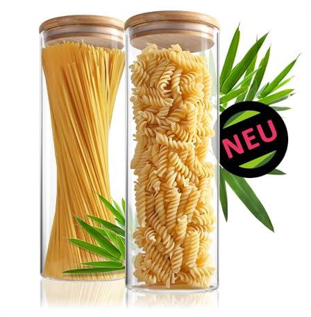 Robin Goods® 2x Vorratsdose mit Bambus-Deckel 1800ml - Vorratsgläser für Lebensmittel aus verstärktem Borosilikatglas - luftdichte Aufbewahrungsgläser - Mehrweg-Runddose 1,8L (02 Stück - 1800ml)