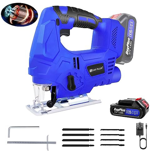 21V Cordless Jigsaw | Electric Jig Saw to Cut Wood, Plastic and Metal | with 1.5Ah Battery and Fast Charger, 4-Position Orbital Action, 45° Angle Adjustable, Tool-Free Blade Change