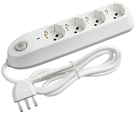 BTICINO Mehrfachsteckdose Poker 4-Sitzer, 4 Mehrzwecksteckdosen (Schuko 10/16 A und Zweipass), Steckdosenleiste mit Schalter und Blitzschutz, Kabel 1,5 m Stecker 16 A, robust, platzsparend, Weiß