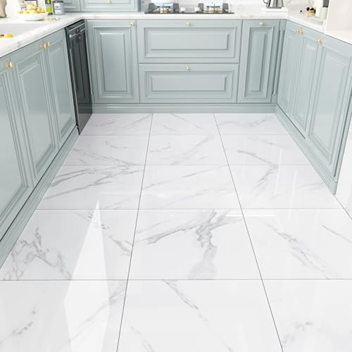Yullpaper White Vinyl Flooring Waterproof Bathroom White Marble Self Adhesive Floor Tiles Waterproof Kitchen Stickers Vinyl Tiles Self Adhesive Floor For Living Room 30x 30cm, 4 PCS Marble Tiles