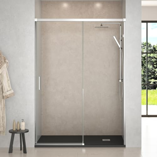 Mampara Ducha Frontal Corredera 1 Puerta Corredera 1 fijo | Cristal templado 6mm Antical Transparente | Altura 195cm | Perfilería Cromo Brillo | 155cm (Adaptable 149-154cm)