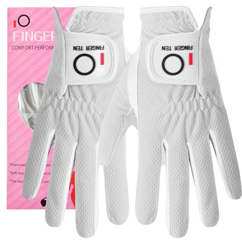 FINGER TEN Womens Golf Glove Right Handed Golfer Left Hand Rain Grip Hot Wet All Weather Value 2 Pack, Golf Gloves Breathable Flexible for Ladies Women (White-1 Pair, Medium)