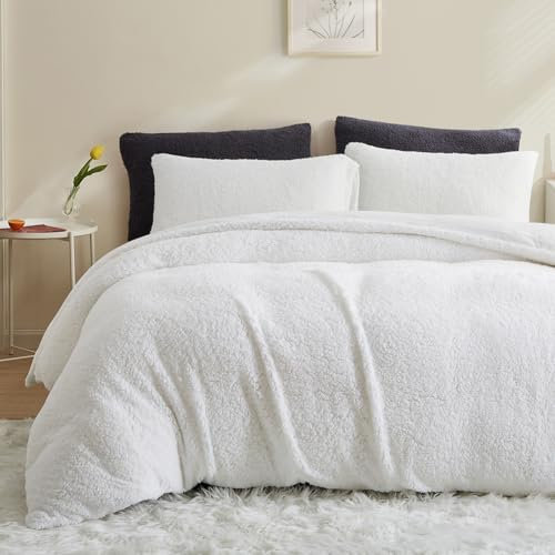 AShanlan Winter Fleece Bettwäsche 135x200 Weiß Super Warme Sherpa Bettbezug Flauschig ÖKO-TEX Bettwäsche-Sets Cashmere Touch mit Reißverschluss und Kissenbezug 80x80 cm