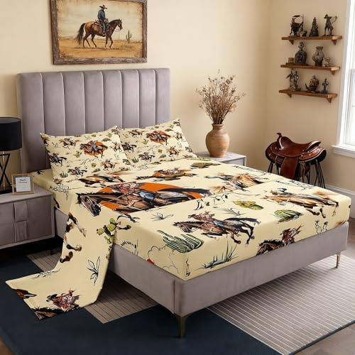 Western Cowboys Horses Bed Sheet Set,Retro Farmhouse Style Tropical Cactus Plants Fitted Sheet Set King 4 Pcs,Hand Draw Mountain Sun Sheet Set Includes Fitted Sheet + Flat Sheet + 2 Pillow Cases