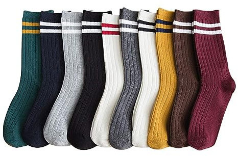 EHOTER 10 pares de calcetines de algodón a rayas para todas las estaciones, informales, retro, atléticos, retro, lindos, de algodón, para niñas y mujeres