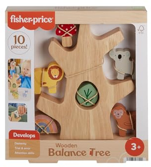 Fisher-Price - Alberello Amici Animali, Gioco sensoriale in Legno con 9 Blocchi impilabili e 1 alberello, Realizzato con Legno da foreste Certificate FSC, Giocattolo per Bambini, 3+ Anni, HXT87