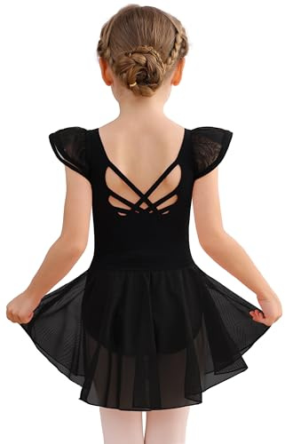 MdnMd Girls Dance Ballet Leotards Dresses for Toddler Ballerina Outfit Skirt Hollow Knot Back Flutter Sleeve (Black, 10-12 Years)