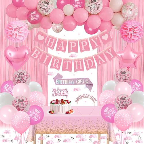 Pink Birthday Decorations, Pink Party Decorations Set Happy Birthday Banner, Balloons, Star Heart Foil Balloons, Fringe Curtain Tablecloth Sash Tiara Crown Pom Poms for Girls Princess Women
