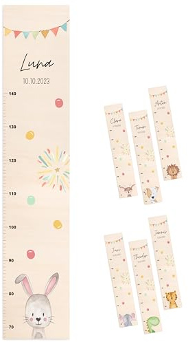 wunderwunsch® - Personalisierte Messlatte Kind Holz zum Kleben oder Aufhängen - Skala 70-140cm - Süße Dekoration für Baby- & Kleinkinderzimmer (Hase)