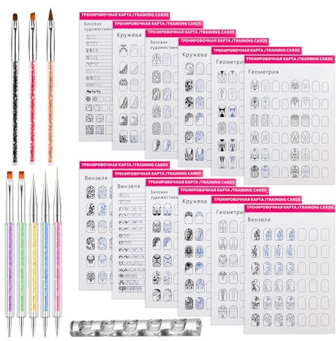 MOLILON Nail Art Practice Book with 8pcs Acrylic Nail Brush, Pen Holders, Nail Drawing Painting Template Nail Art Brushes Manicure Design Learning Book Nail Tool for Beginner