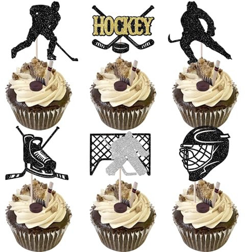 Xsstarmi 24 Packung Hockey Cupcake Toppers Glitzer Hockey Sports Cupcake Picks Hockey Spieler Kuchendekoration für Hockey Spieler Geburtstag Partyzubehör Schwarz Gold