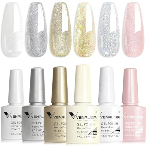 VENALISA Gel-Nagellack Set, 6 Farben, Pailletten, Weiß, Braun, Gold, Silber, Rosa, UV/LED