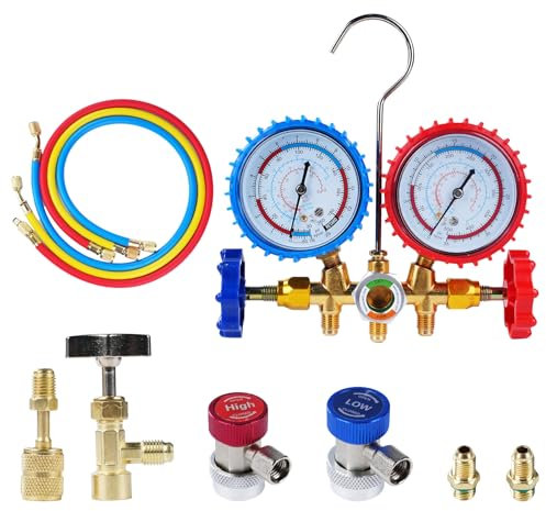 VOBOR Juego de medidores de refrigerante Manifold, herramientas de aire acondicionado con manguera y gancho para R12 R22 R404A R134A, mangueras de 36 pulgadas, manómetro colector r134a para coche,