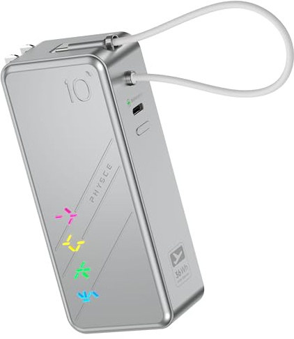 PHYSCE Eco RGB 3-in-1 Power Bank 10K, 9,600mAh 30W Portable Charger, Built-in USB-C Cable and Foldable Plug, Fast Charging Battery Pack, Travel Essential for iPhone 16/15, MacBook (Starlight Silver)