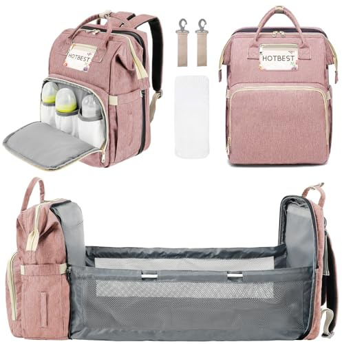 PEIZHIYC Sac à langer avec fonction lit - 30 x 22 x 40 cm - Sac à dos pour bébé - Avec poches multifonctions - Imperméable - Pliable, Poudre de racine de lotus A, L