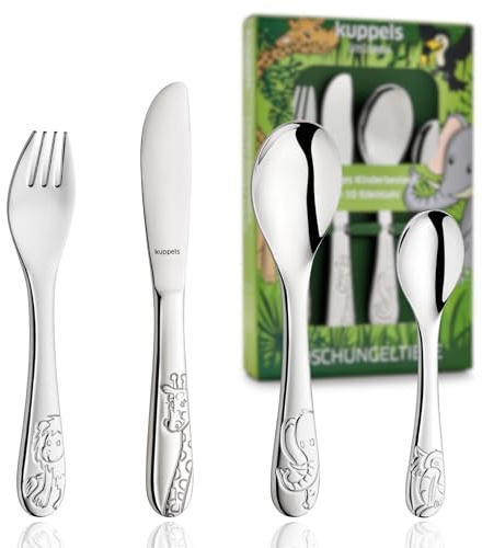 Kuppels Kinderbesteck ab 4 Jahre Dschungeltiere 4-teilig, geprägtes, rostfreies Edelstahl Besteck Kinder für kleine Kinderhände, Messer, Gabel, Löffel und Teelöffel mit Dschungel-Motiven