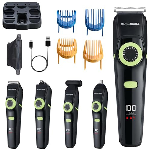 BarberBoss 5 en 1 Kit de Cuidado Masculino: Recortador de Barba Inalámbrico, Cortapelos, Depilador de Nariz y Orejas, Recortador de Cuerpo y Detalle con Carga USB, Diseño Resistente al Agua y Pantalla