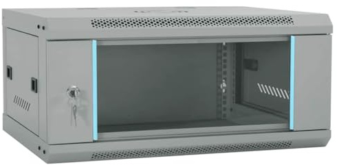 vidaXL Armarios de red gris 600 x 350 x 280 mm, estructura de acero resistente, montaje en pared, con puerta de cristal templado con cierre, paneles extraíbles.