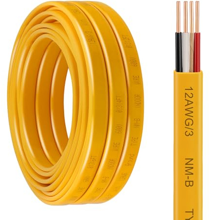 YDDECW 12/3 NM-B Wire with Ground - 15FT Non-Metallic Sheathed Cable Pure Copper 12 AWG 3 Conductor Residential Indoor Wire for Outlets, Switches and Other Loads etc. (Yellow)