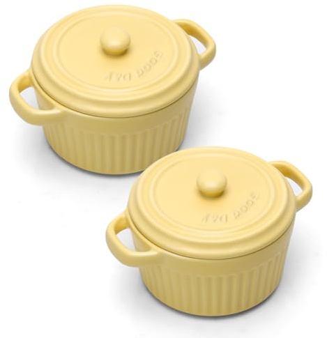 Mini Cocotte med lock, keramisk ugnsform med handtag och lock, runda ugnsformar med lock för lasagne, soufflé, Creme Brûlée, dessert, för mikrovågsugn och ugn (gul, L-2 st)