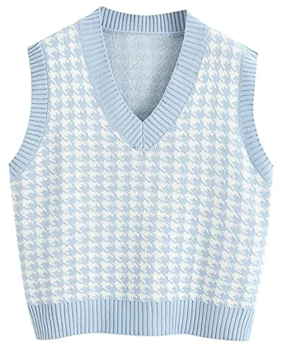 Générique Pull sans Manche Femme Col V Gilet sans Manche Femme en Tricot Chic et Élégant Crop Débardeur Chaud Décontracté Style Preppy Sweater À Motif À Carreaux Rétro Classique Automne Hiver