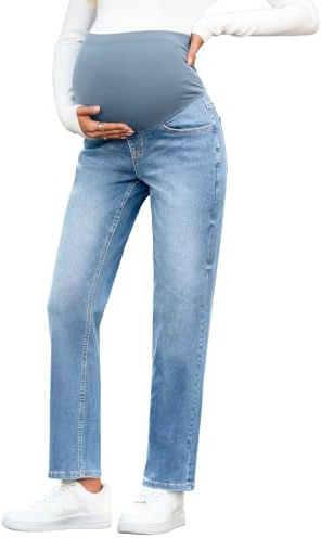 BLENCOT Women's Maternity Jeans Over Belly Loose Fit Stretch Straight Leg Pregnancy Denim Work Pants with Pockets Myosotis Large