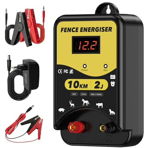 Recinzione elettrica 12 V, 2 J, portata 10 KM – Dispositivo per recinzione per animali come bovini, cavalli, maiali, capre, IP44 impermeabile con indicatore LED e morsetti a coccodrillo in acciaio