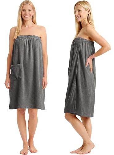 CalmySPA Toalla de Sauna Ligera de Rizo para Mujer, Toalla de Sauna de Algodón con Goma Elástica y Botón, Vestido de Sauna, Falda Escocesa