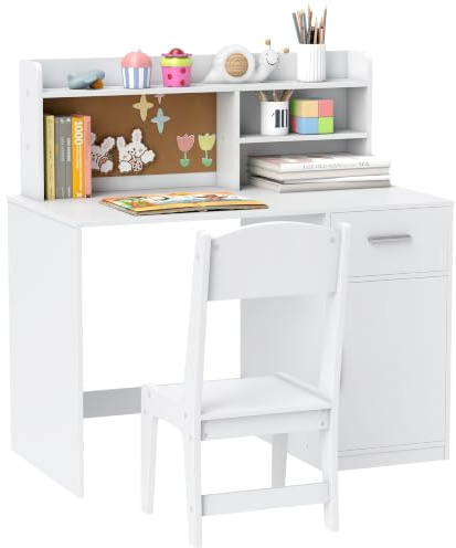 AIYAPLAY Bureau Enfant avec Chaise, 3-12 Ans, 90,2x48,1x 90,8cm, Blanc | Table Enfant et Chaise, Tiroir, Placard, Compartiments Ouverts, Tableau en Liège, Étude Travail Écriture