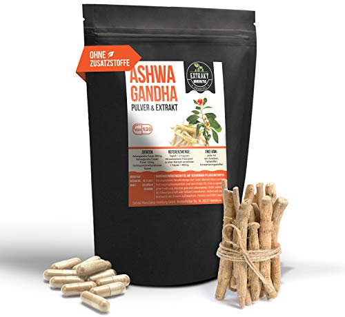 Ashwagandha | 120 KAPSELN | 1480mg Wirkstoffanteil durch 10:1 EXTRAKT | ohne Zusatzstoffe | hochdosiert 100% vegan und in Deutschland hergestellt