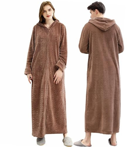 Oksun Womens Dressing Gown Full Length Hooded Robe Fleece Winter Warm Soft Bathrobe, Hood-brown, UK14-20(label XL)